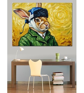 Van Gogh Kıyafetli Tavşan Dekoratif Kanvas - Mdf Ahşap Tablo