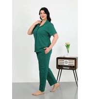 Kadın Büyük Beden Pamuklu Cepli Düğmeli ZümrütYeşili Pijama Takım