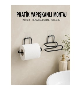 2 Adet Yapışkanlı WC Kağıtlık Siyah Metal Duvar Tipi Rulo Tutucu