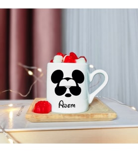 Mickey Mouse Tasarımlı Ahşap Tabaklı Kişiye Özel Türk Kahvesi Fincanı