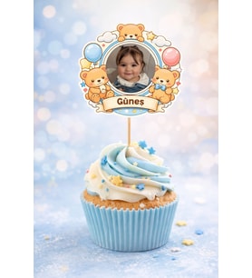 Kişiye Özel Ayıcık Temalı 6 Adet Cupcake Süsü 8 cm  İsimli Fotoğraflı Doğum Günü Süsü