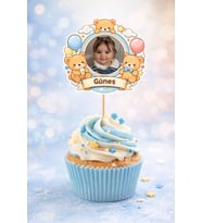 Kişiye Özel Ayıcık Temalı 6 Adet Cupcake Süsü 8 cm  İsimli Fotoğraflı Doğum Günü Süsü
