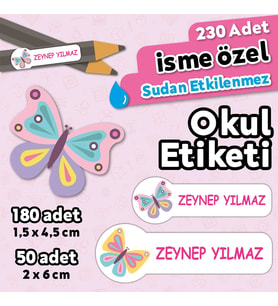 Kelebek Temalı Kişiye Özel İsimli Defter Kalem Okul Etiketi, Yırtılmaz PVC Etiket, Sudan Etkilenmez (Beyaz)