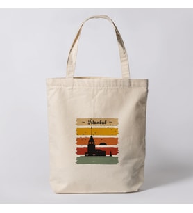 İstanbul Retro Desenli Bez Çanta - Pinterest Omuz Çantası, 35x40 Cm