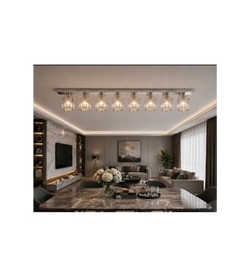 150 cm 8’li Krom Kaplama Kristal Taşlı Cam Modern Tavan Avizesi E27 Metal Gövde Uzun Salon Yemek Masası Avizesi