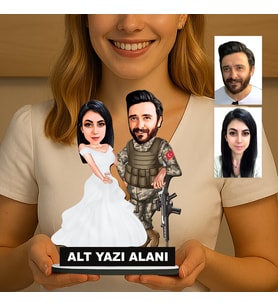 Kişiye Özel 2 Kişilik Asker Ve Gelin Karikatürlü 18 cm MDF Masaüstü Biblo - Askere ve Komutana Hediye Asker Hediyesi