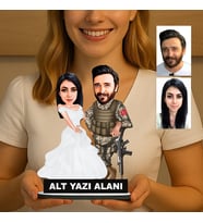 Kişiye Özel 2 Kişilik Asker Ve Gelin Karikatürlü 18 cm MDF Masaüstü Biblo - Askere ve Komutana Hediye Asker Hediyesi