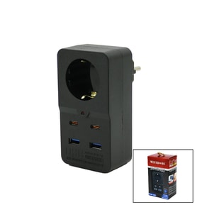 TERMAL AKIM KORUMALI 1XPRİZ 2X USB 2X TYPE-C DUVAR TİPİ PRİZ SİYAH 10A - 2500W (5343)