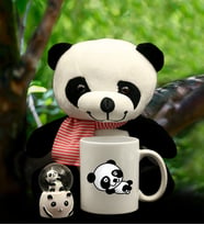 Panda Baskılı Kupa& Peluş Panda& Panda Mini Işıklı Kar Küresi Hediye Seti