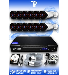 PICAM 12 Kameralı Uzay 12 Dış Kamera Set 2 TB HDD Full HD Gece Görüşlü Güvenlik Kamerası Sistemi