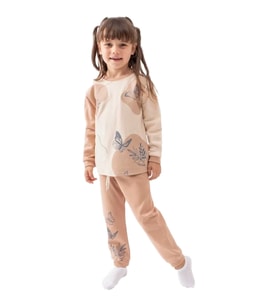 Kız Çocuk Kahve Bej Kelebek Baskılı 2'li Pijama Takımı