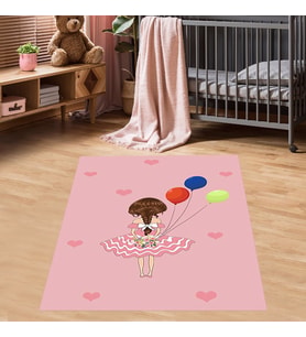 Renkli Balonlu Kız Kalp Desenli Dijital Baskı Yıkanabilir Kaymaz Taban Genç Kız Çocuk Odası Halısı (Pembe)