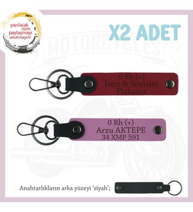 Motosiklet Aşıkları İçin, İsim Plaka ve 0 Rh (+) Kan Grubu Yazılı 2'li Anahtarlık, Kırmızı-Pembe-Syh (Çok Renkli)