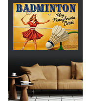 Badminton Sporu Kadın Retro Poster Dekoratif Kanvas - Mdf Ahşap Tablo