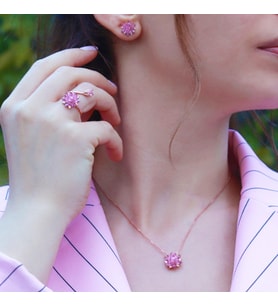 Pembe Kuvars Taşlı Lotus Çiçcekli Gümüş Set