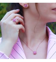 Pembe Kuvars Taşlı Lotus Çiçcekli Gümüş Set
