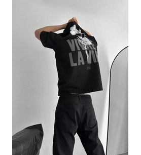 Erkek Ön ve Arka Baskılı T-Shirt Kısa Kol Bisiklet Yaka Regular Fit Tişört - Siyah