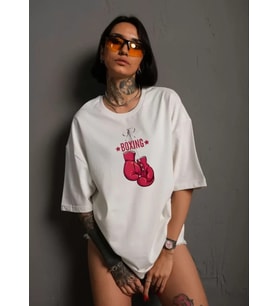 Unisex Bisiklet Yaka Baskılı Oversize T-Shirt - Beyaz