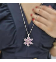 Gümüş Açık Pembe Renkli Damla Taşlı Çiçek Tasarımlı Rodium Kaplama 925 Ayar Gümüş Kolye (Karışık)