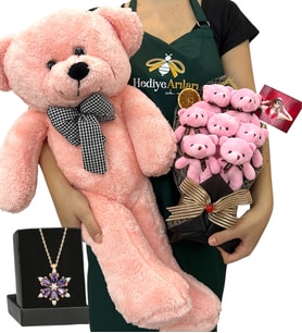Fotoğraflı Hediye Seti - Ametist Taşlı Lotus Kolye, 7'li Ayıcık Buketi ve Pembe Peluş Ayıcık (Model 5)