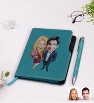 BK Gift Kişiye Özel Sevgililer Karikatürlü Turkuaz Termo Deri Defter Kalem Seti-94