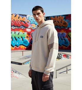 Erkek Kapüşonlu Standart Kol Renk Bloklu Oversize Kalıp Sweatshirt Fonksiyonel Dayanıklı Şık