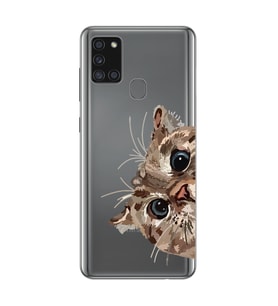 Samsung Galaxy A21S Uyumlu Tatlı Kedi Desenli Şeffaf Telefon Kılıfı