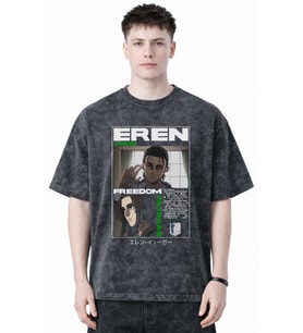 Tasarım Eren Yeager Attack On Titan Anime Baskılı Unisex Oversize Eskitme Yıkamalı Tişört