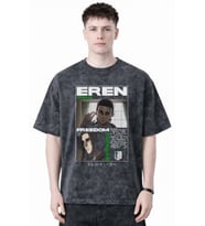 Tasarım Eren Yeager Attack On Titan Anime Baskılı Unisex Oversize Eskitme Yıkamalı Tişört