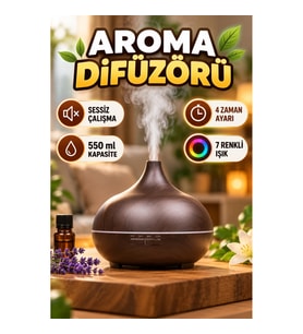 Sessiz Çalışan Aromaterapi Difüzörü 550 ml – 4 Zaman Ayarlı, 7 Renkli Işık Seçenekli