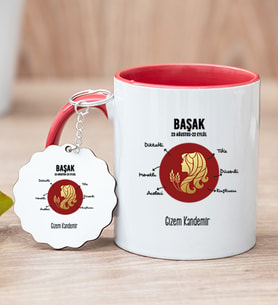 Kişiye Özel Başak Burcuna Hediye Kırmızı Kupa Bardak ve Anahtarlık
