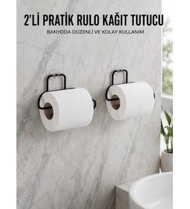 2 Adet Siyah Yapışkanlı Kağıtlık Duvar Tipi Tuvalet Kağıdı ve Rulo Tutucu