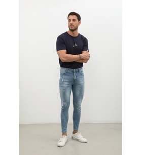 Erkek Skinny Ripped Jean Açık Mavi (Koyu Mavi)