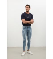 Erkek Skinny Ripped Jean Açık Mavi (Koyu Mavi)