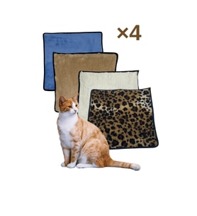 4 Adet Yumuşak Dokulu Peluş Kedi Halısı 40x40 cm Kulübe İçi Pofuduk Minder (Bej-Leopar)