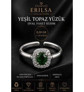 Sertifikalı Yeşil Topaz Taşlı Ayarlamalı Geri Dönüşüm Gümüş Kasa Oval Faset Kesim Yüzük 1.50 Karat