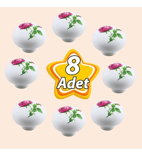 8 Adet Pembe Gül Desenli Beyaz Polimer Düğme Kulp Mantar Mobilya Mutfak Dolabı Çekmece Kulbu Kulpları