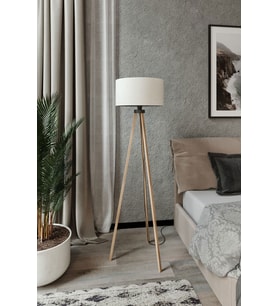 Yuvarlak Bej Kumaş Başlık Mdf Tripod Kahve Ayak LY520