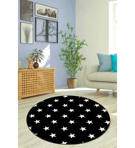 Siyah Yıldızlı Kaymaz Taban Yıkanabilir Yuvarlak Halı AR605 - 100 x 100 cm