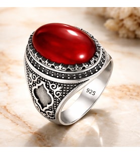 925 AYAR MOTİFLİ OVAL AKİK TAŞLI ERKEK GÜMÜŞ YÜZÜK (Gri)