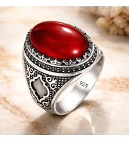 925 AYAR MOTİFLİ OVAL AKİK TAŞLI ERKEK GÜMÜŞ YÜZÜK (Gri)