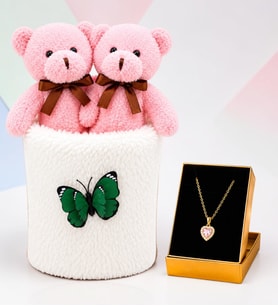 Peluş Saksıda Peluş Ayıcık Buketi ve Pembe Taşlı Kalp Kolye Kadına Sevgiliye Arkadaşa Hediye