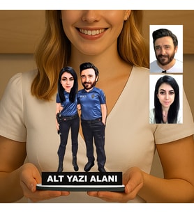 Kişiye Özel 2 Kişilik Polis Çift Polis Karikatürlü 18 cm MDF Masaüstü Biblo - Polise Hediye Polis Hediyesi