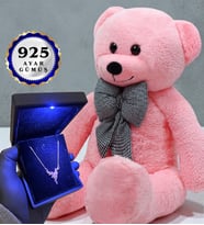 Premium Hediye Seti Büyük Boy Pembe Peluş Ayıcık ve Gerçek 925 Ayar Gümüş Kolye (Model 3)