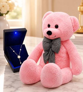 Işıklı Kutuda 925 Ayar Gümüş Altın Kaplama Sarkık Tasarım Kolye ve 80 cm Pembe Peluş Ayıcık Hediye