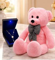 Işıklı Kutuda 925 Ayar Gümüş Altın Kaplama Sarkık Tasarım Kolye ve 80 cm Pembe Peluş Ayıcık Hediye