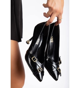 Siyah Çift Tokalı Detaylı Sivri Burunlu Stiletto (Karışık)