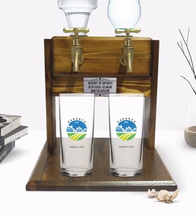 BK Gift Kişiye Özel Renkli Baskılı Sakarya Tasarımlı Turistik İkili Rakı Bardağı ve Çift Musluklu Doğal Ahşap Rakı Standı-1 (Model 1)