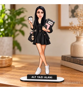 Kişiye Özel Kadın Muhasebeci Karikatürlü 18 cm MDF Masaüstü Biblo - Kadın Muhasebeci Hediyesi İş Arkadaşına ve Meslek Sahibine Hediye