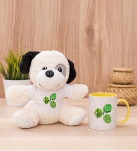 Kişiye Özel Erkeğe Hediye Yaprak Tasarım İsimli Peluş Köpek ve Sarı Kupa